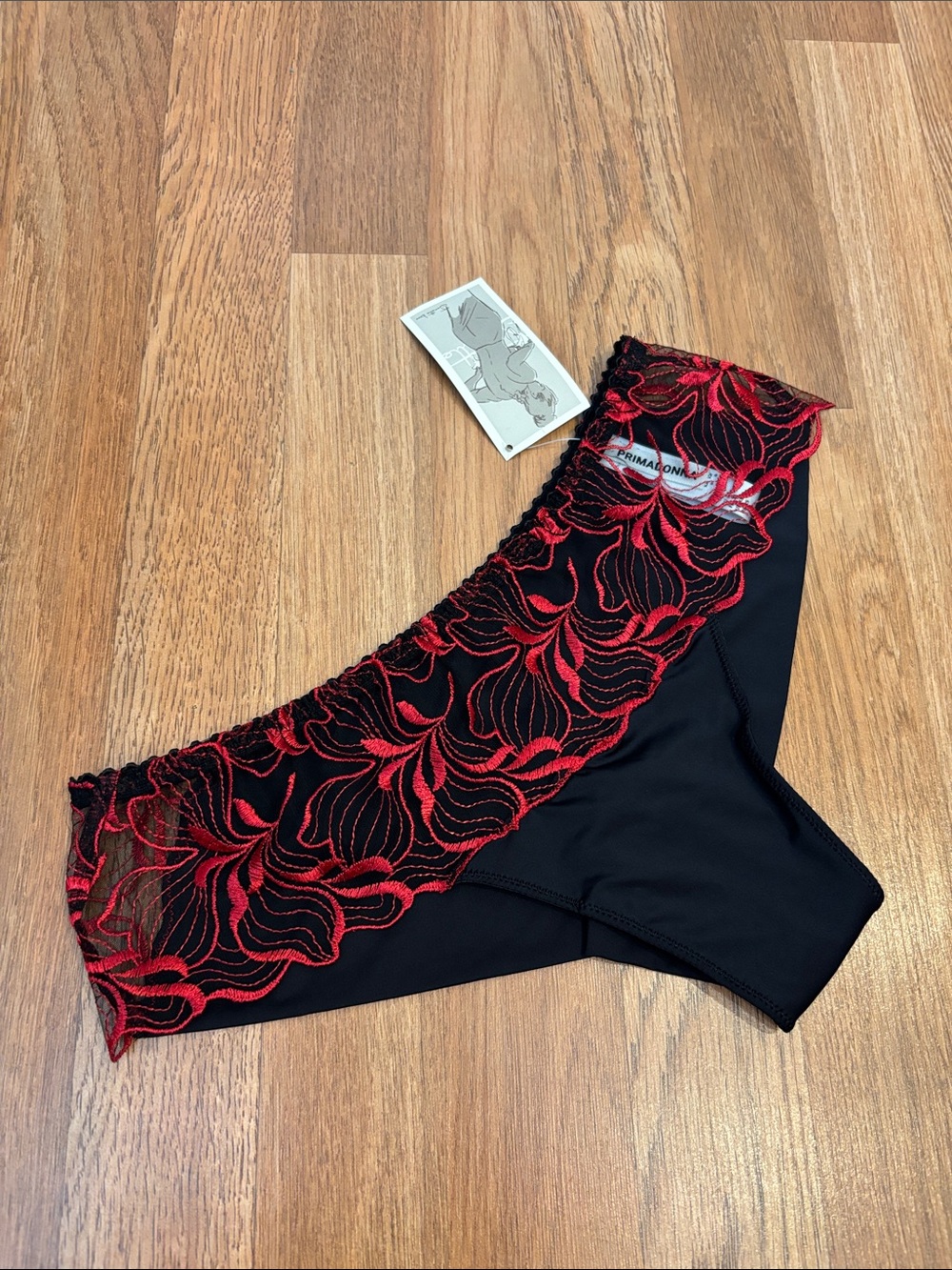 NWT Prima Donna Black and red embroidered floral lace Bikini Bottoms. Size XS.
